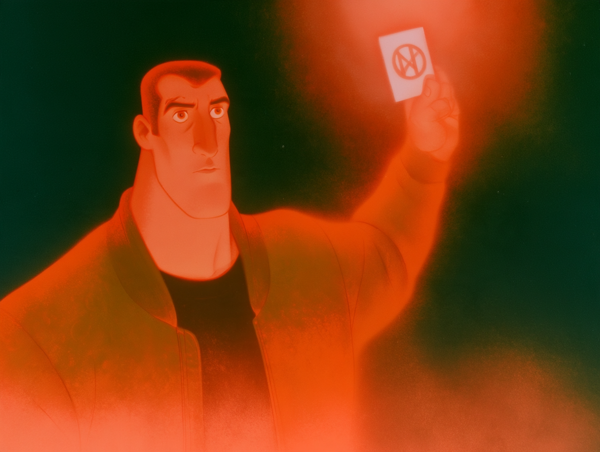 Approved with a note: John holds up the card with the city's symbol, drawn as an N