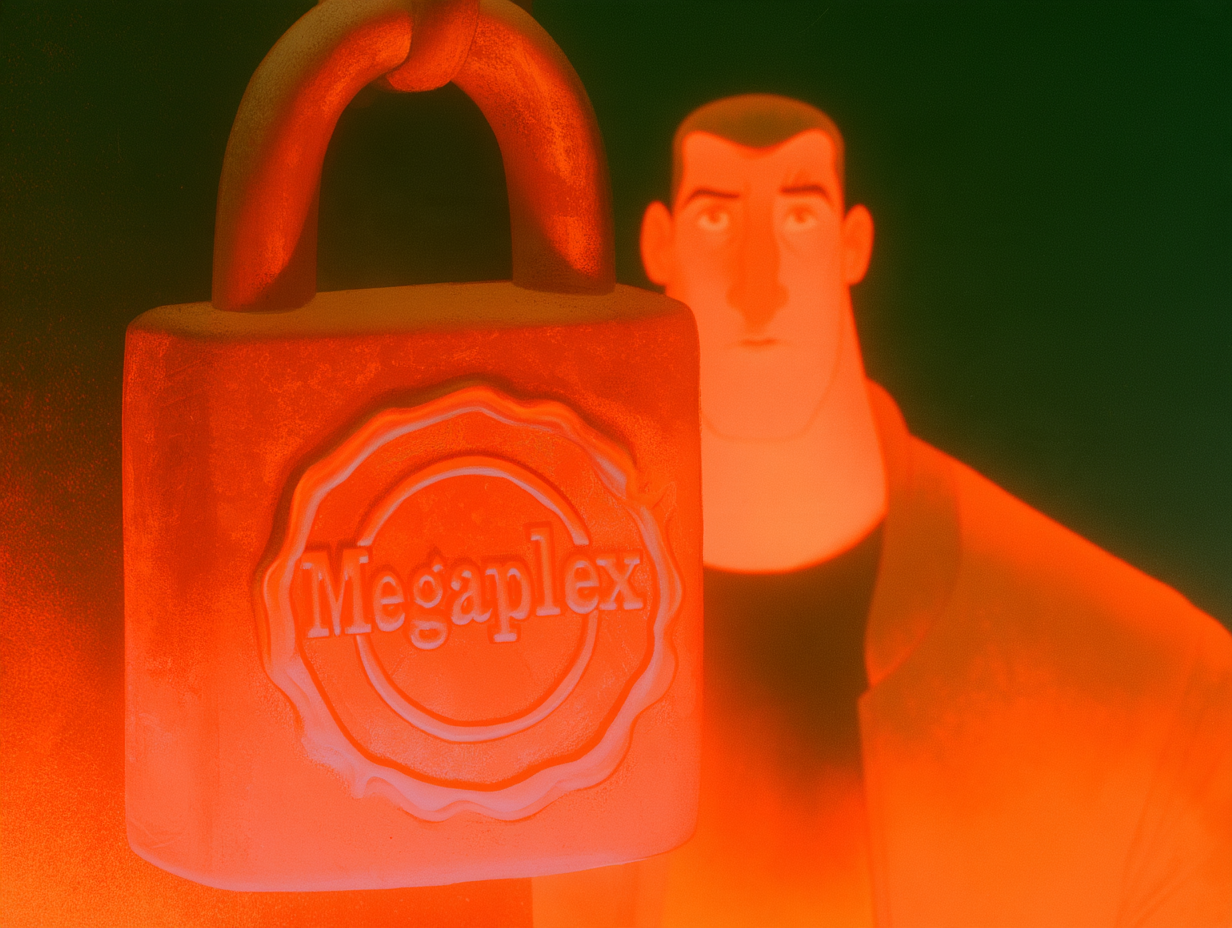 Owner-approved frame, held by Claude for a repaint: John with the padlock, "Megaplex" pressed into the wax seal
