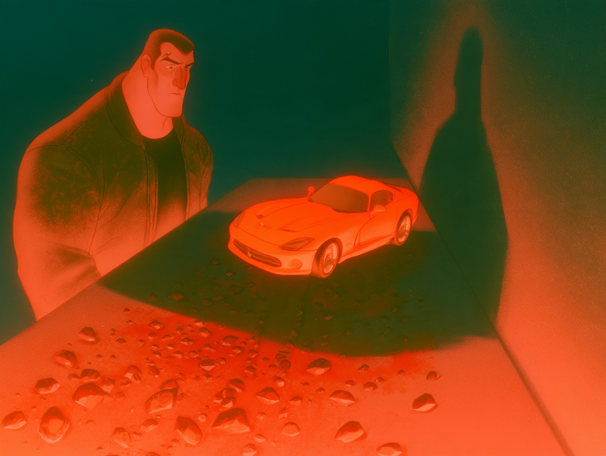 REJECTED by Claude's pre-judge: a toy Dodge Viper on the table where a Viper gang member should be