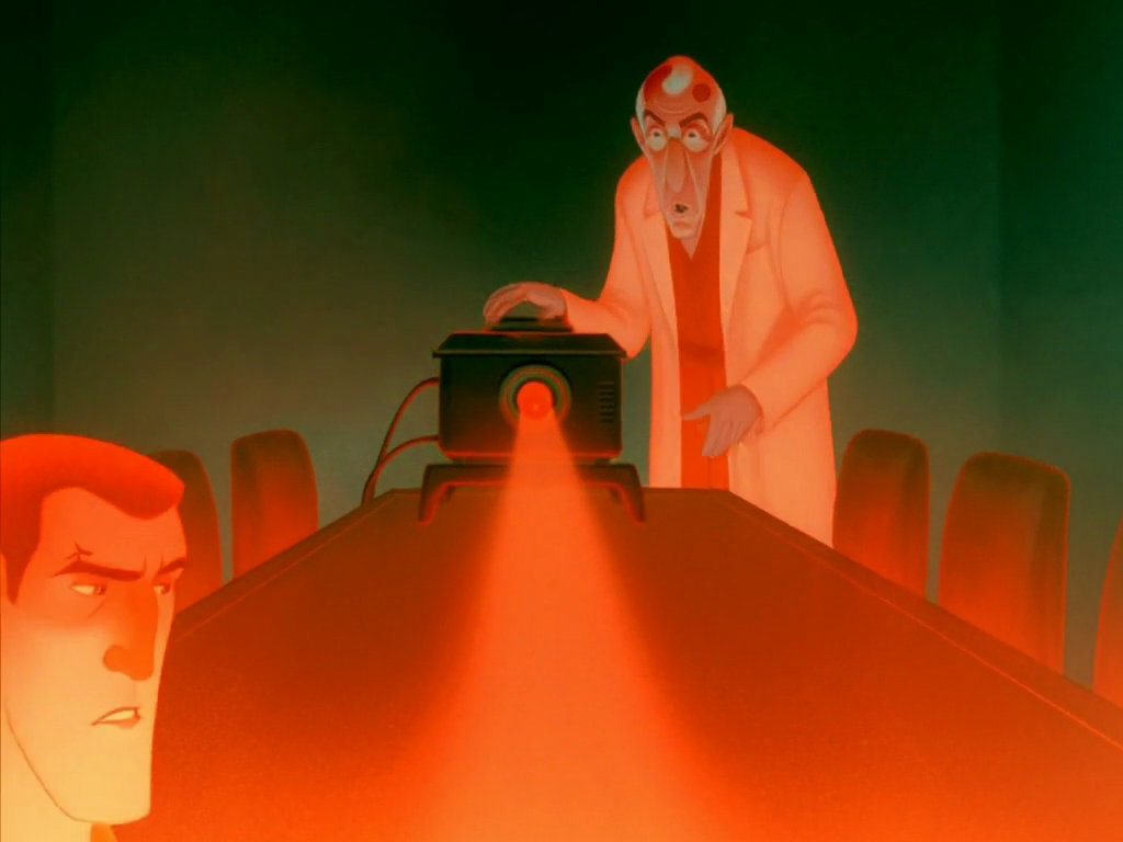Owner-approved clip, animated on October 23: Dr. Waters at the slide projector, the beam the check read as a throw