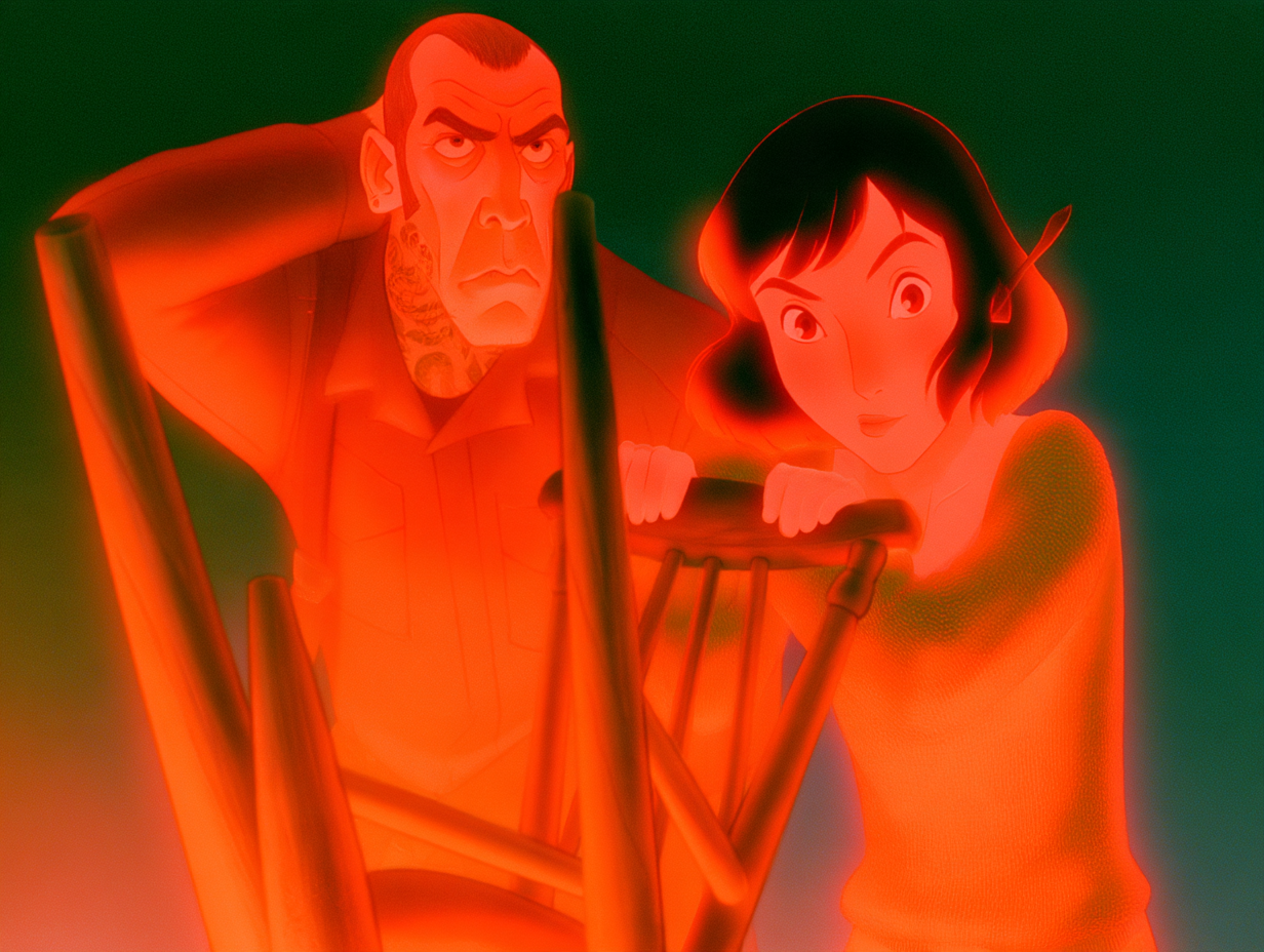 REJECTED by Claude's pre-judge: Lucy and Delivery Man 2 leaning on the same chair back, side by side, in the shot where she swings it at him