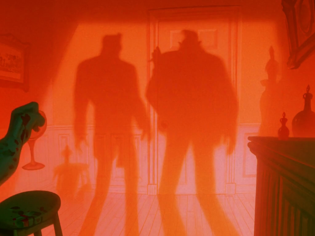 Owner-approved clip, animated later: the two delivery men's shadows in Lucy's doorway