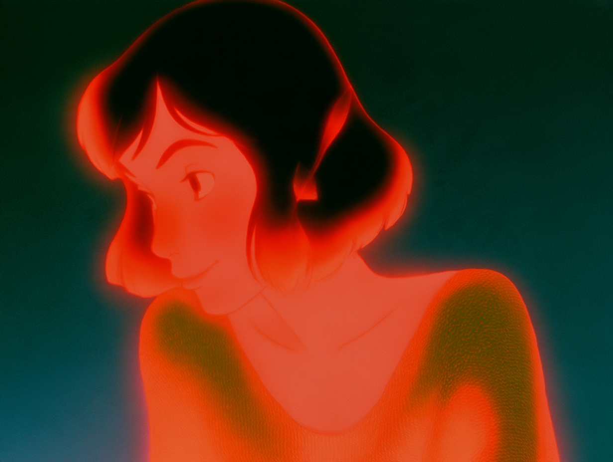 Rejected frame, shot 32-13: Lucy drawn live and close, with no hologram