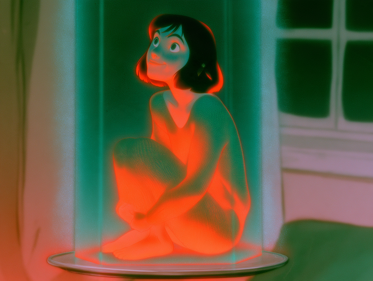 Owner-approved frame, shot 32-13 redone: a small glowing hologram of Lucy in a glass cell