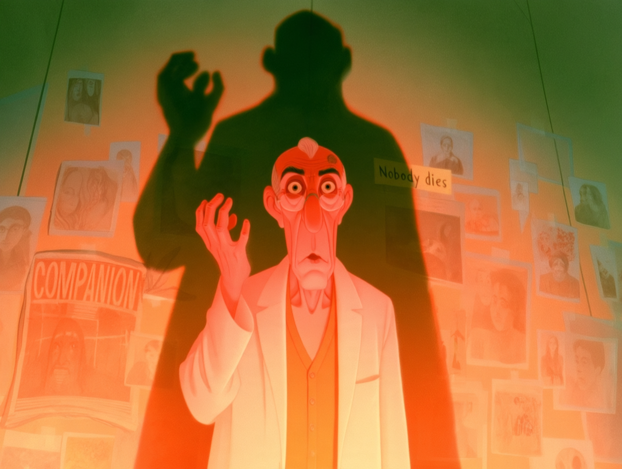 Owner-approved frame, shot 24-07: Dr. Waters raises a hand in front of his own huge shadow; a small card on the wall behind him reads "Nobody dies"