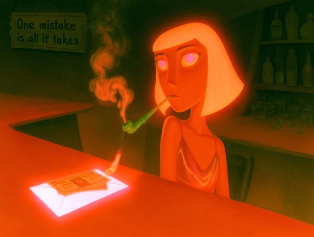 Owner-approved frame, shot 24-12: Lilith with her pipe at the bar; a sign behind her reads "One mistake is all it takes"
