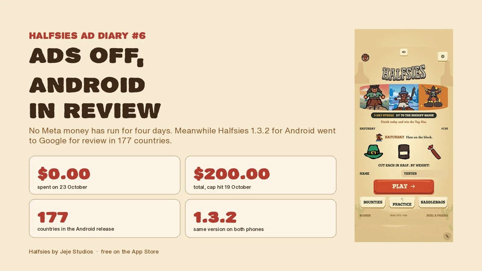 Halfsies ad diary number 6: ads off, Android in review. $0.00 spent on 23 October, $200.00 in total, Android release covers 177 countries, version 1.3.2 on both phones