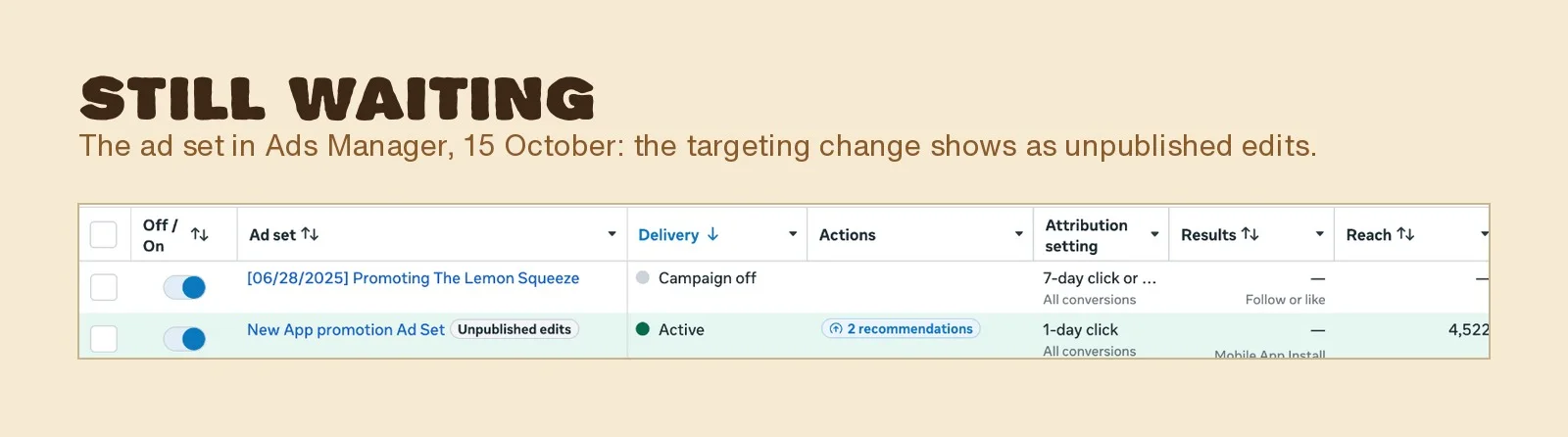 The Halfsies ad set in Ads Manager on 15 October, with its edits still waiting to be published