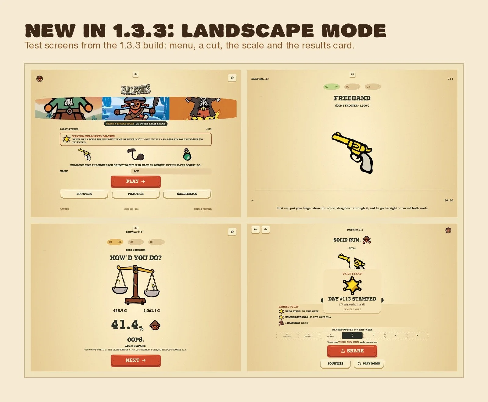 Four test screens from the 1.3.3 build in landscape: the menu with today's three objects, a cut on a gold six-shooter, the scale showing a 41.4 score, and the daily stamp results card