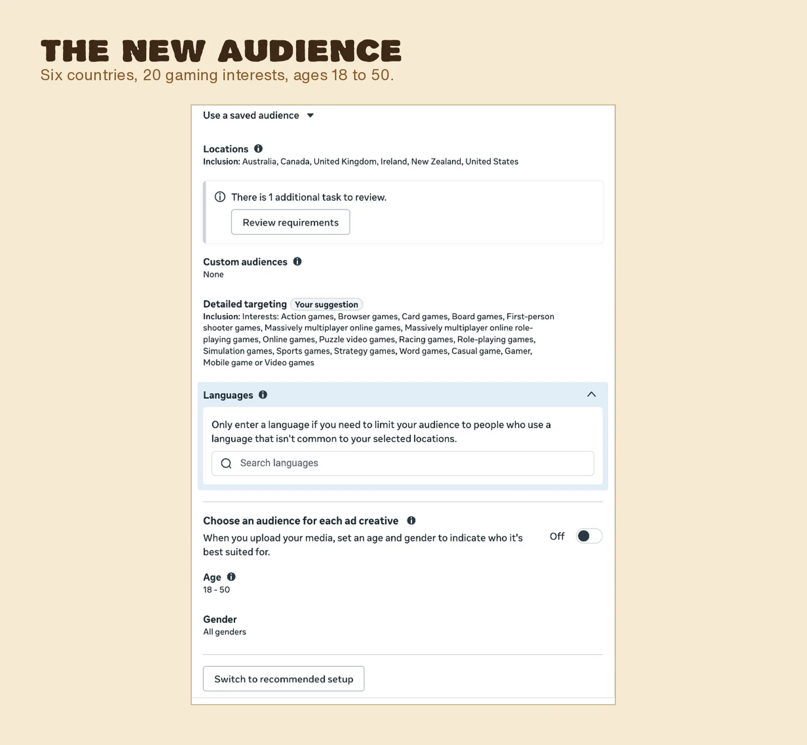 The new audience settings in Ads Manager: six countries, 20 gaming interests, ages 18 to 50