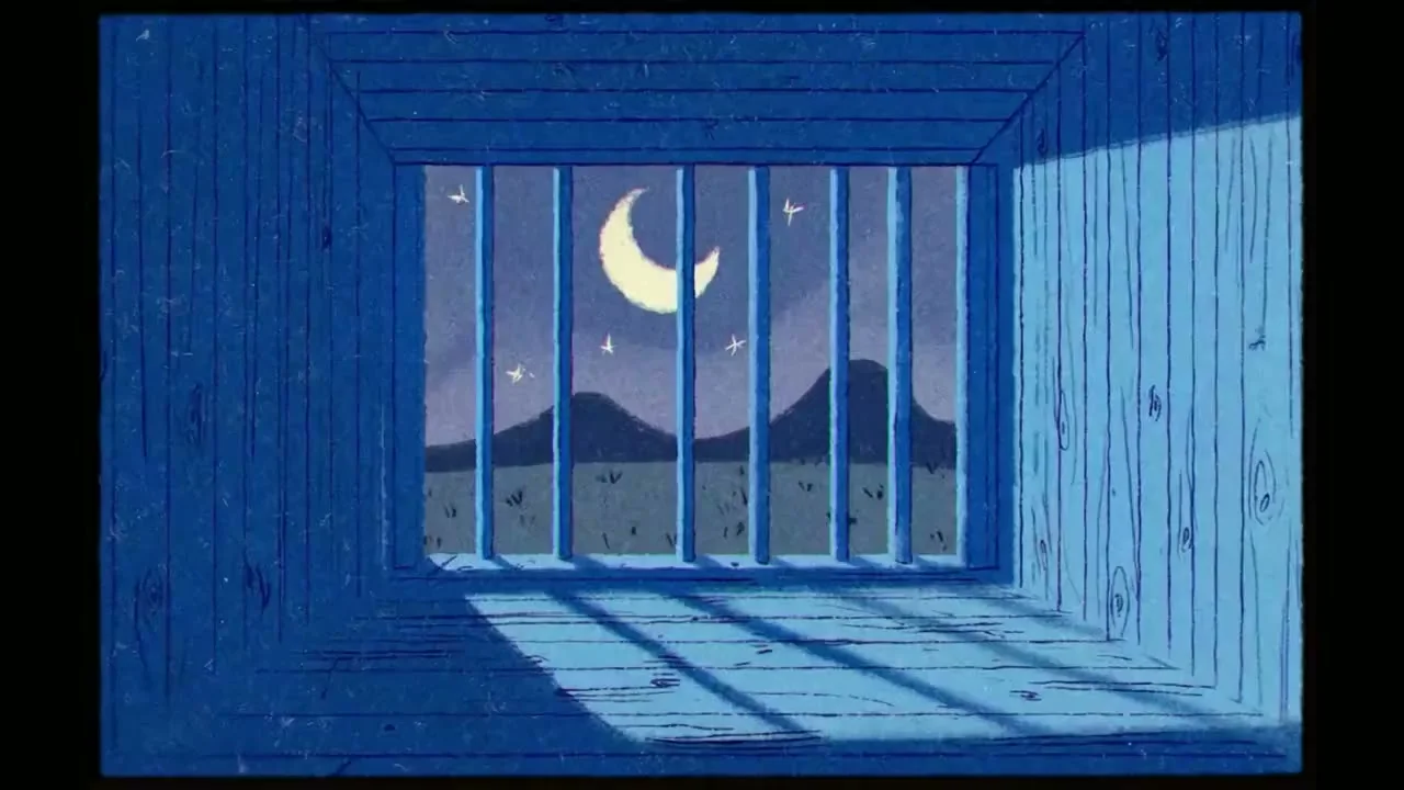 Blue wooden interior looking through vertical bars toward a crescent moon and distant mountains.