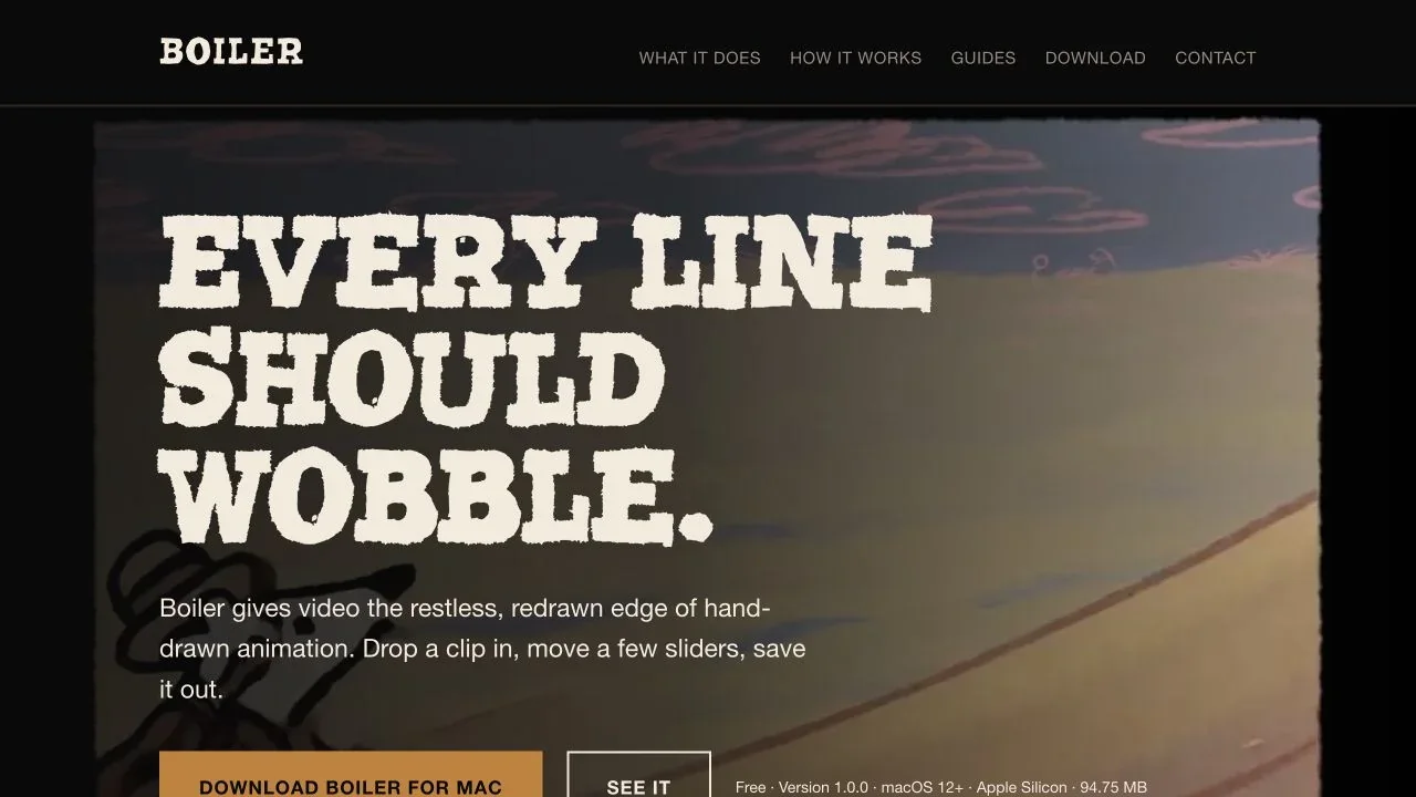 Boiler website with the animated texture controls