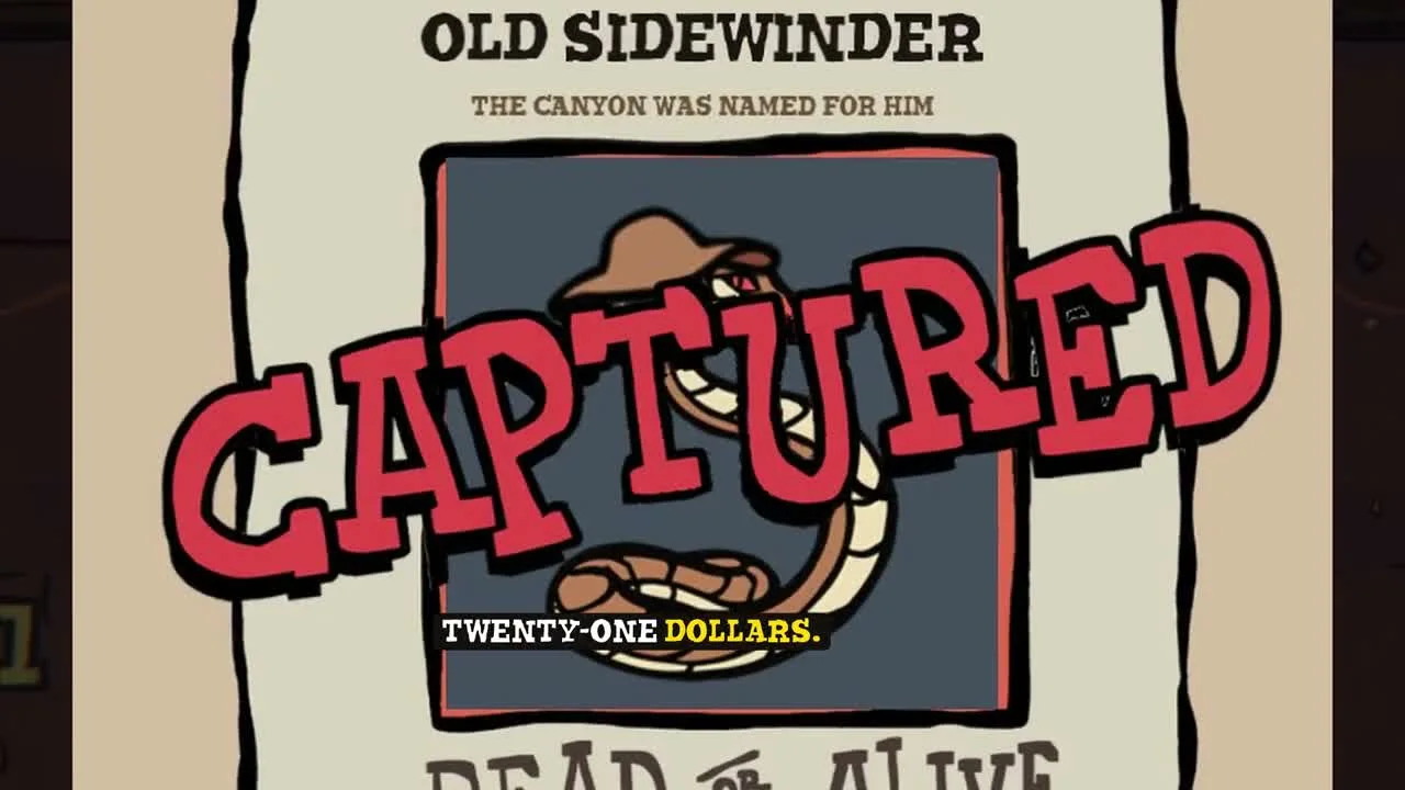 Old Sidewinder bounty card marked captured after the gameplay encounter.