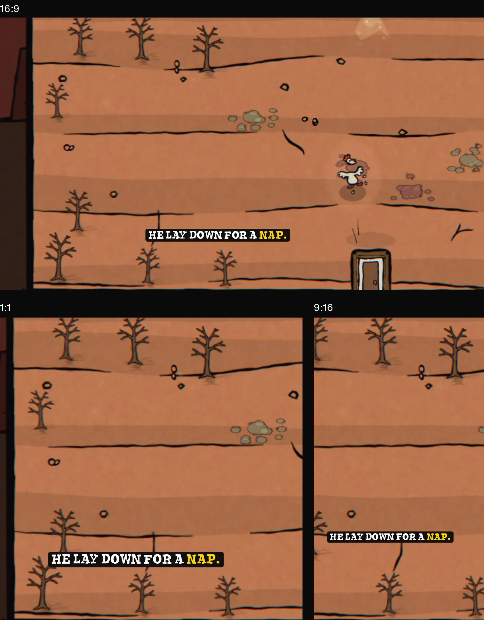 Three frames at eight seconds: widescreen above shows a character on the right; square and vertical below retain the caption and ground but exclude that character.