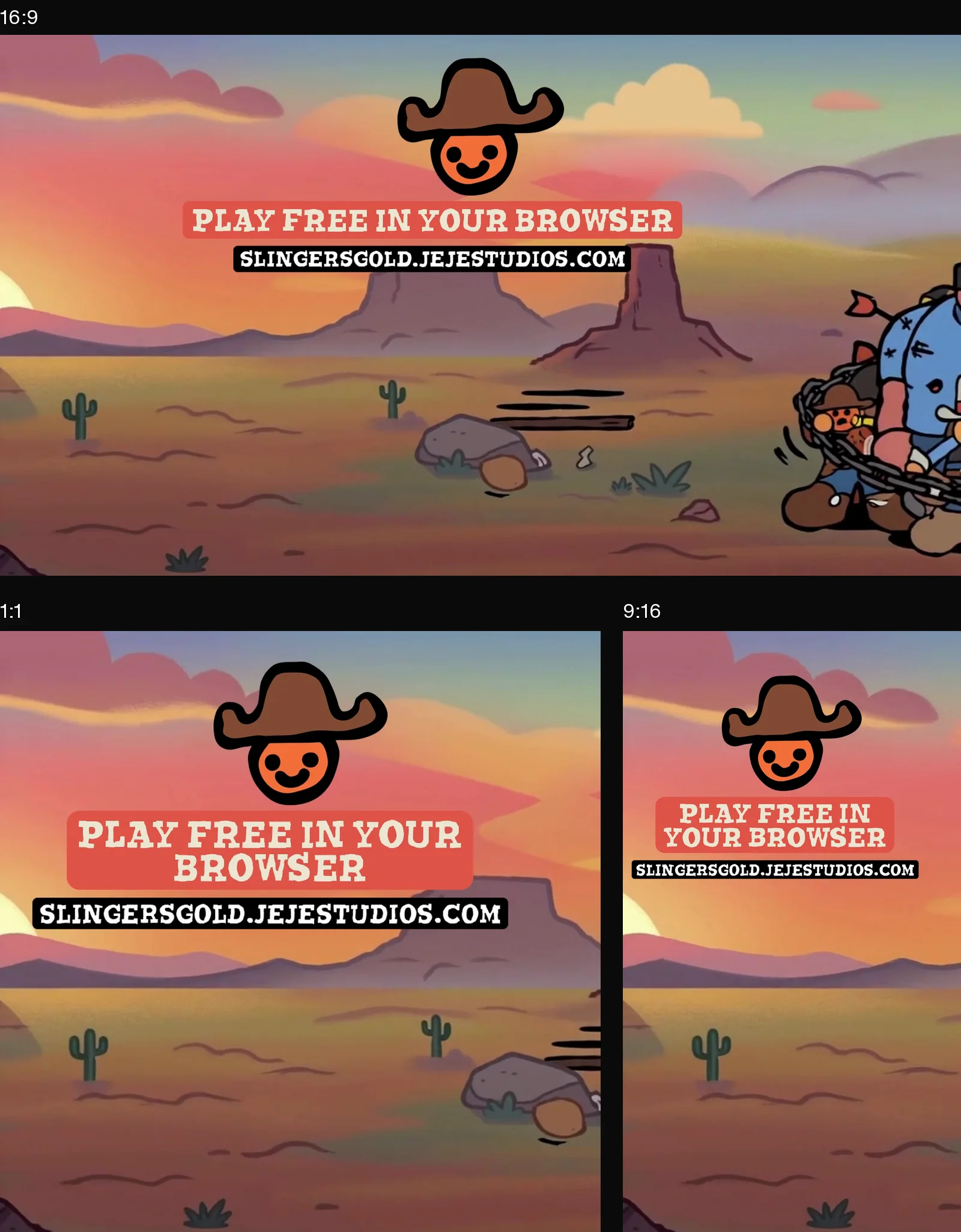 Three closing cards at thirty-two seconds, showing the play invitation on one line in widescreen and two lines in square and vertical, with the full site address in each.