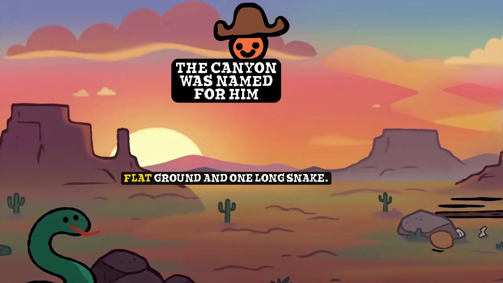 The Canyon Was Named for Him title over a painted desert sunset, with a green snake entering from the lower left.