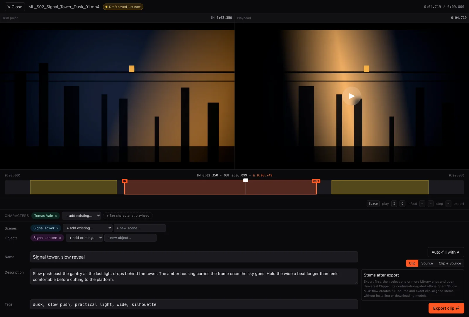 Clipper Cowboy shot editor showing sample footage