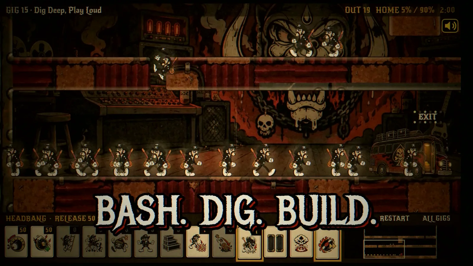 Lemmys gameplay beneath the words Bash, Dig, Build, with illustrated command buttons arranged in a strip below the level.