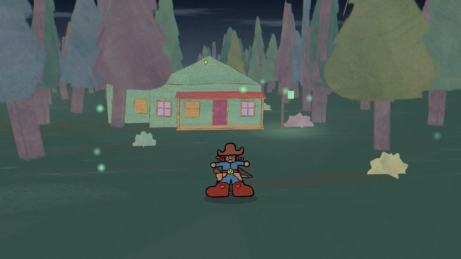 A green-roofed cottage stands among tall trees in Witchlight Wood, with a small Western character in the foreground.