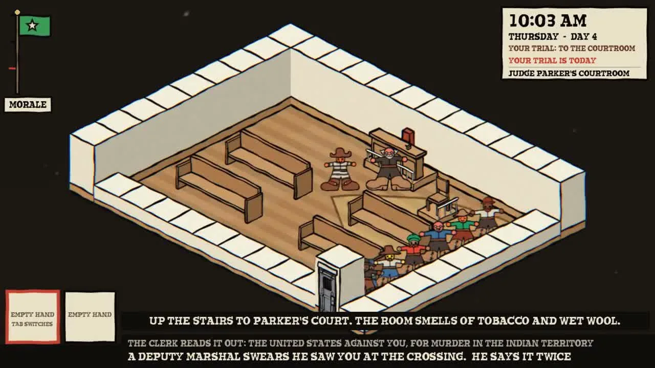 An open-sided isometric courtroom with benches, a raised desk and figures gathered inside.