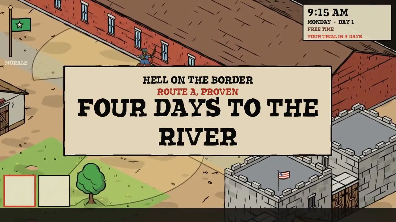 Four Days to the River title over a jail yard, with Monday, Day 1 and a trial deadline in the upper-right corner.