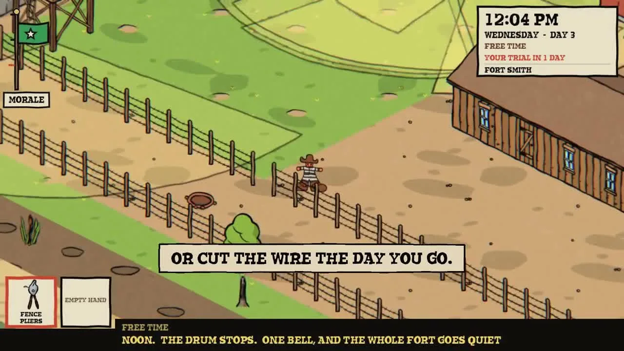 A player and other figures on open ground beside a timber building and a long fence.