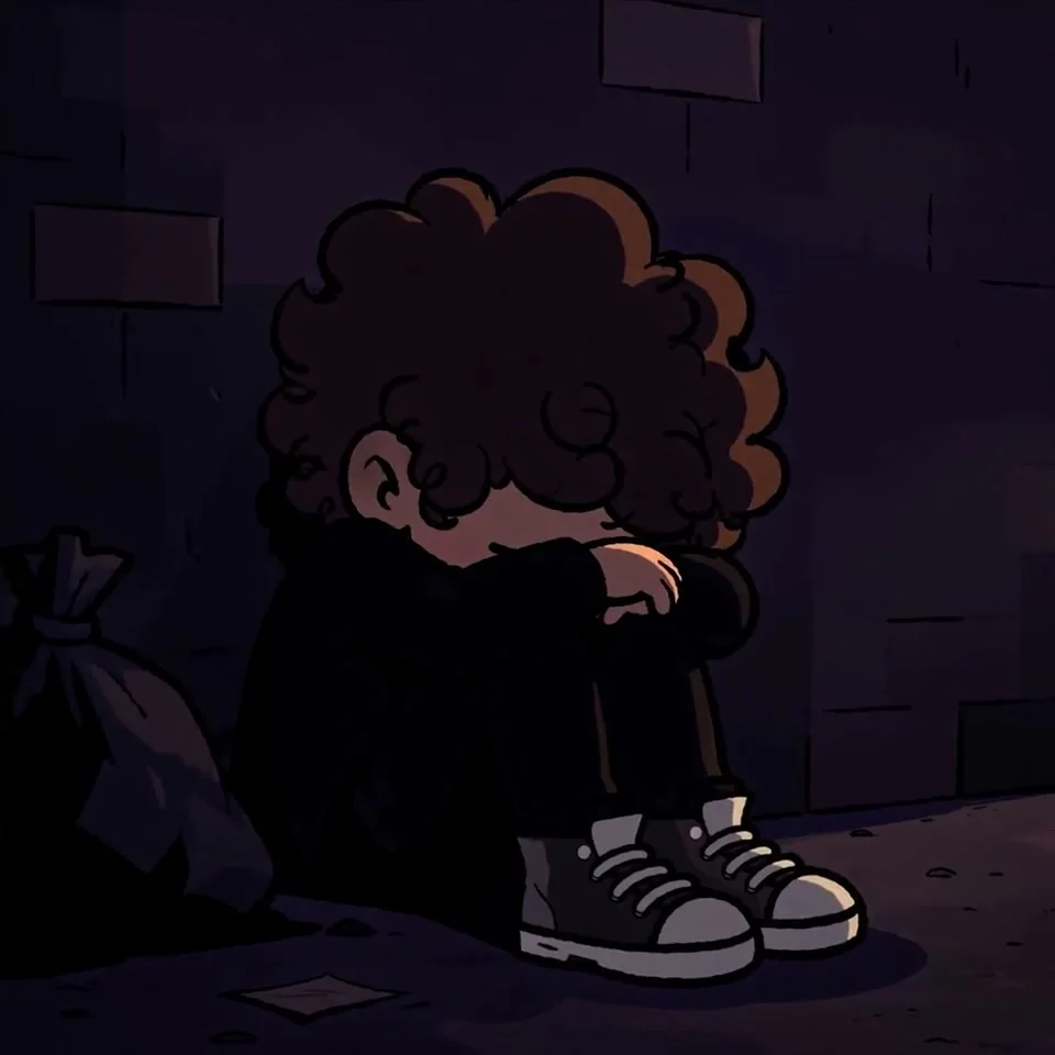 Curly-haired animated character sits on the pavement with head lowered onto folded arms and knees drawn up.