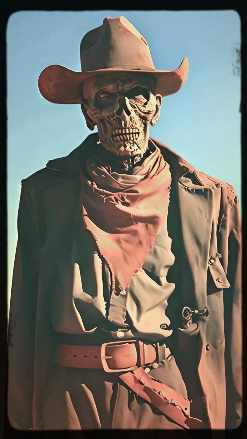 Skeletal cowboy in a wide-brimmed hat, neckerchief and coat against a pale blue background.