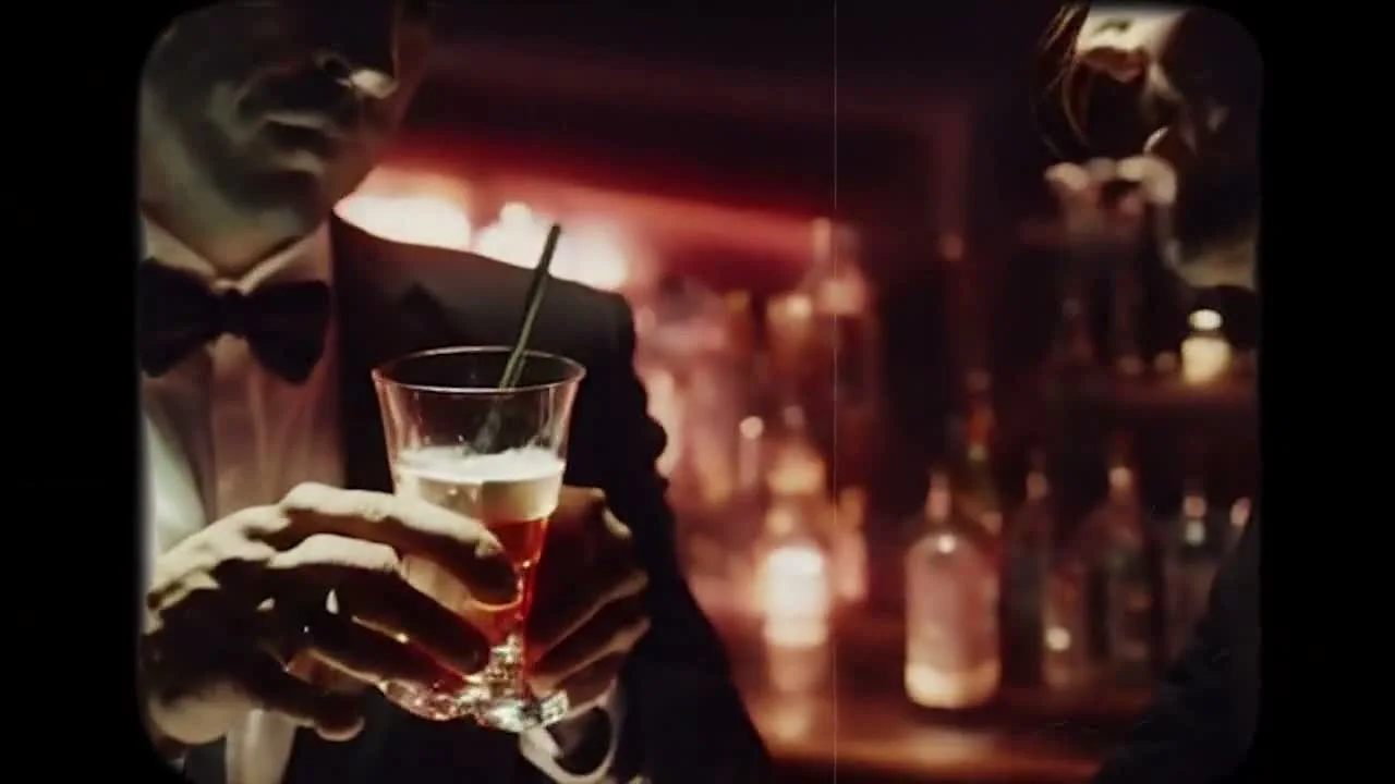 A close view of hands holding a drink, with warm red light and a dark nightclub background.