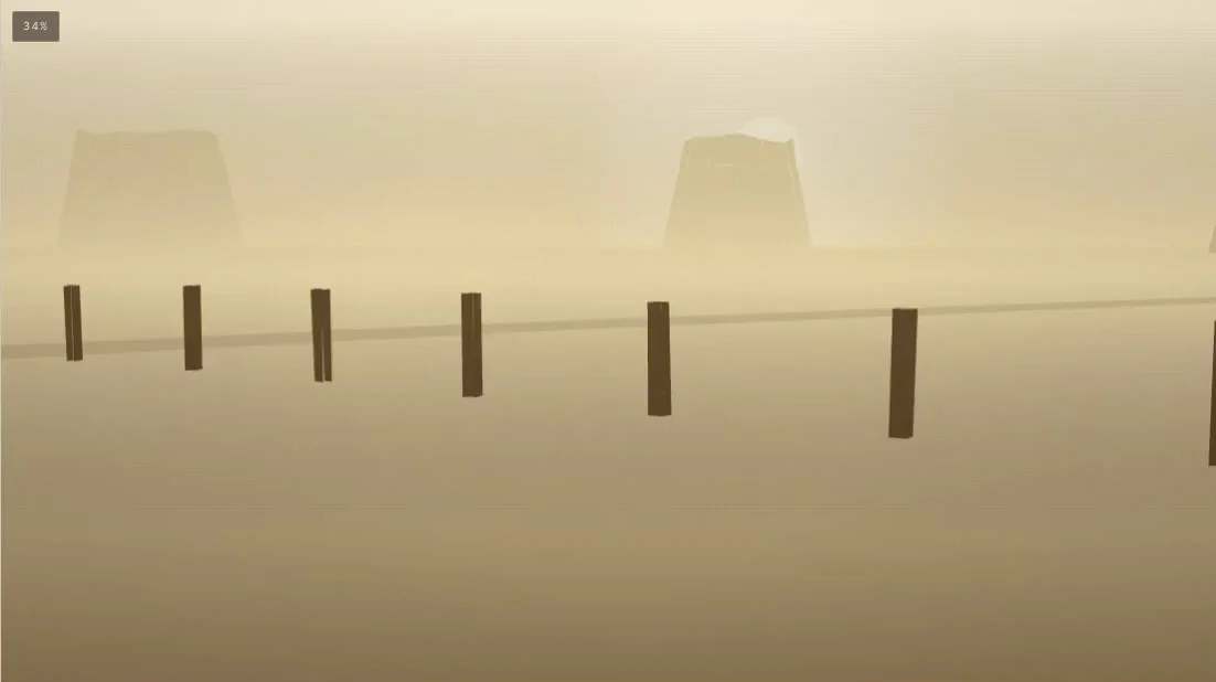 Gold landscape with dark foreground fence posts, pale distant formations and a low sun partly obscured near the horizon.