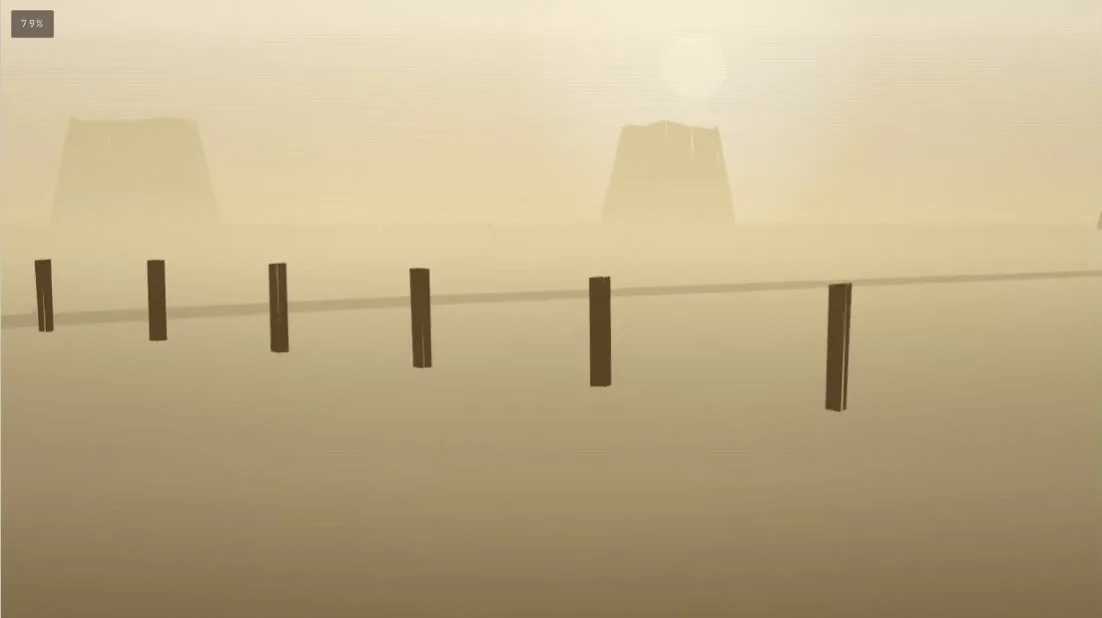 The same gold landscape later in the recording, with the sun higher above the distant formation and dark posts across the foreground.