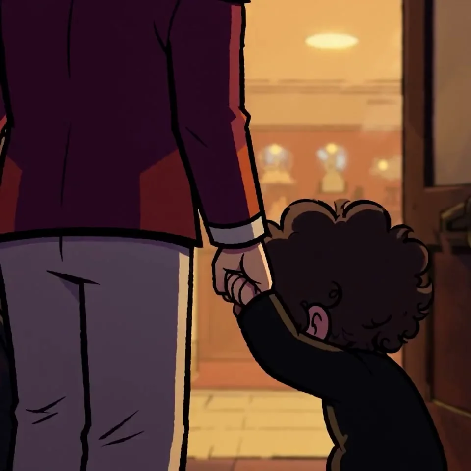 Small curly-haired character reaches upward to hold an adult hand in front of a brightly lit doorway.