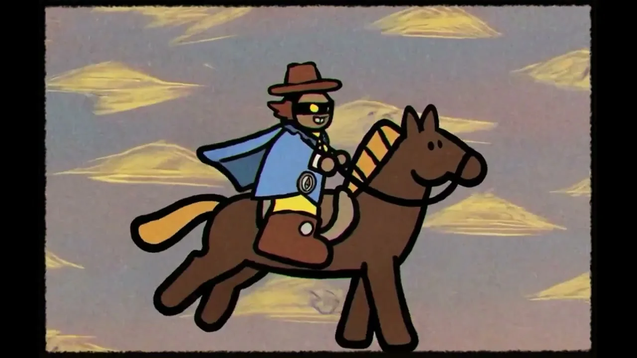 A smiling masked cowboy in a blue shirt riding a brown horse against a yellow and mauve painted landscape.