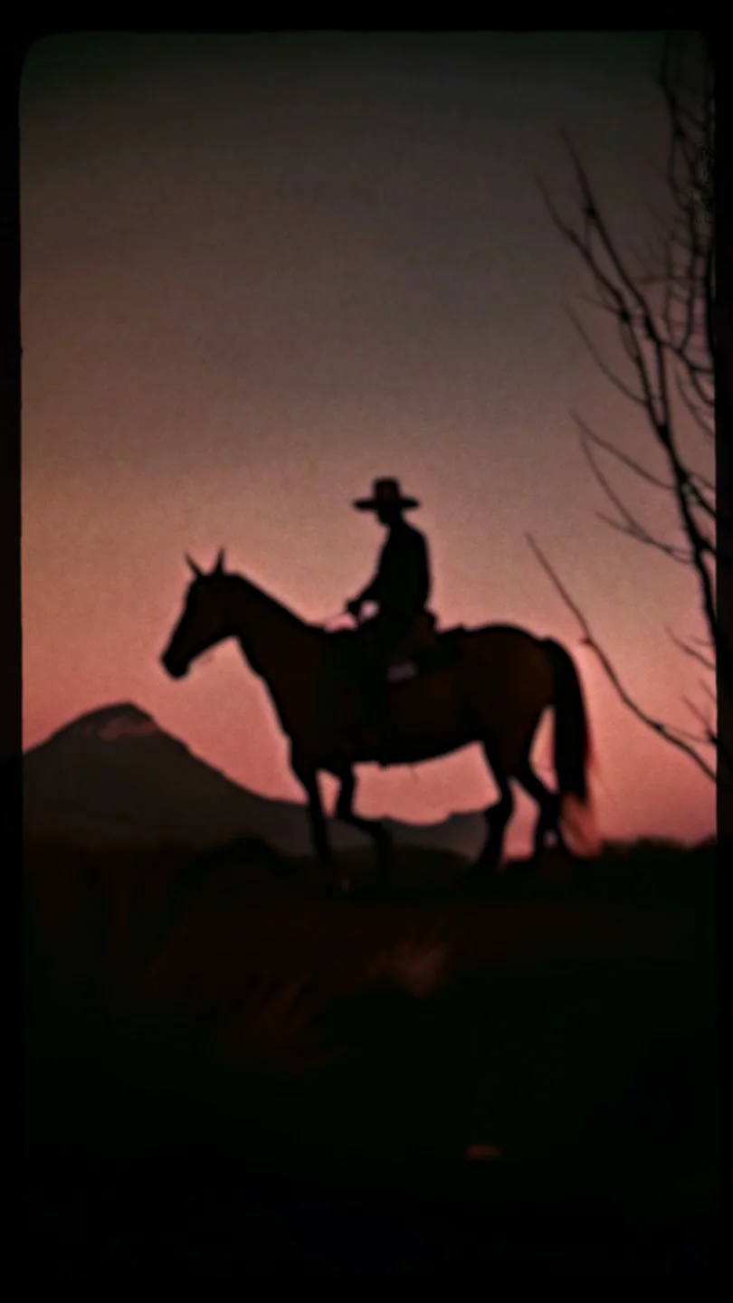 Dark silhouette of a hat-wearing rider on a horse against a muted reddish sky, with bare branches at the right.