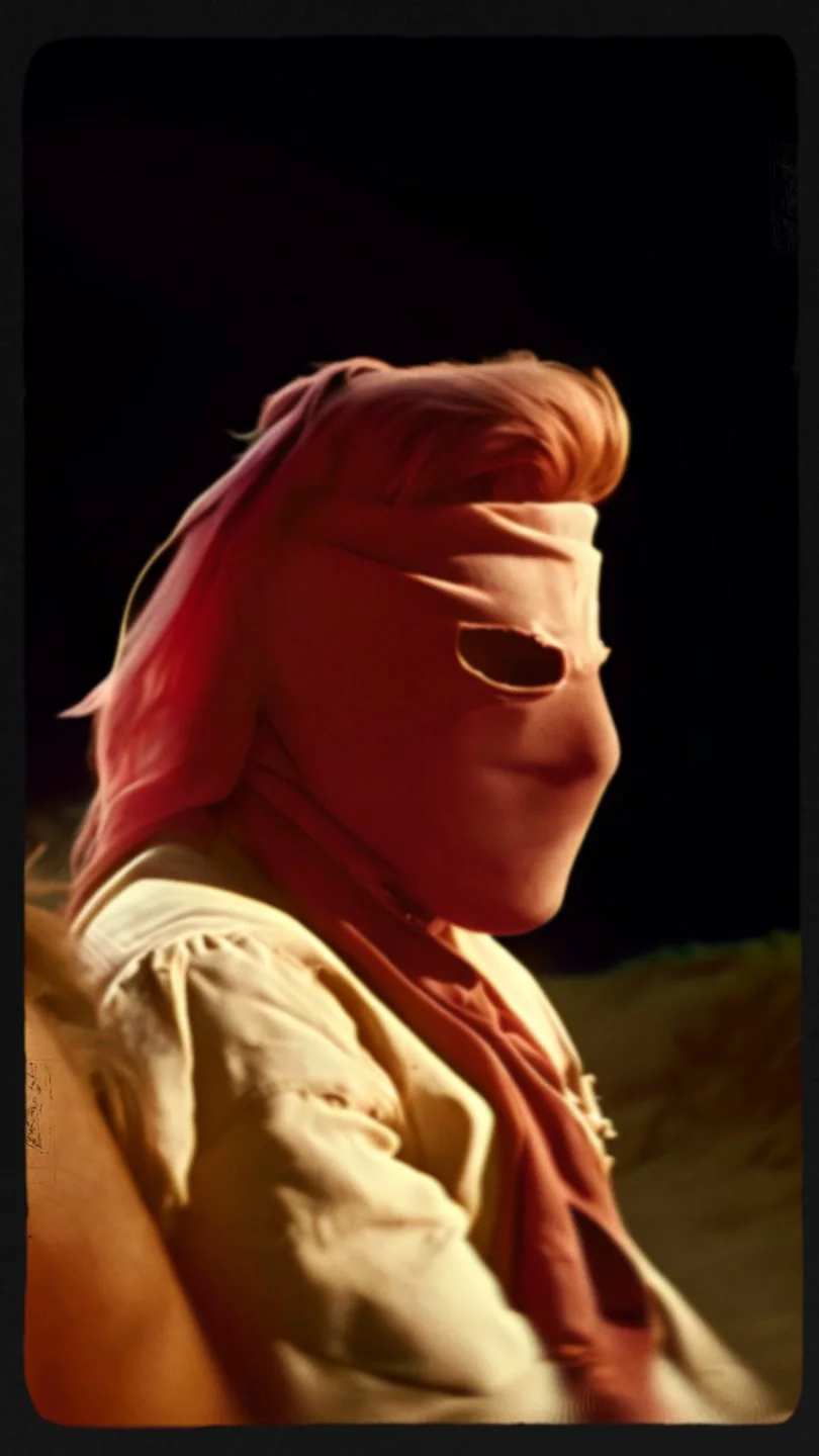 Side view of a figure with reddish hair and cloth covering the face, warm light on a pale shirt, against a dark background.