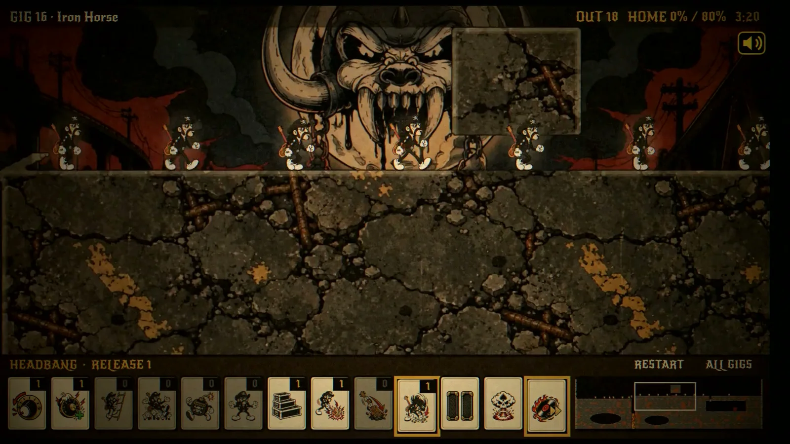 Lemmys gameplay with a marching band crossing a stone level, a skull above the route and illustrated command buttons along the bottom.