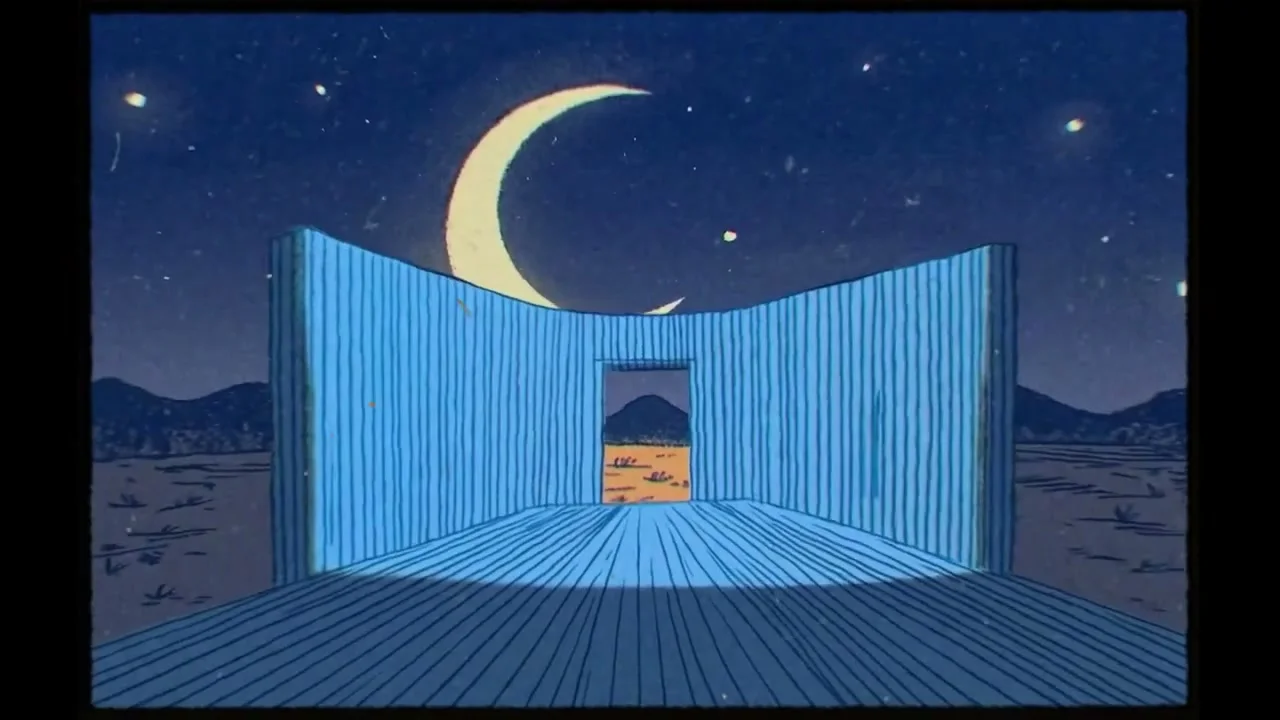 Open blue wooden walls and floor beneath a large crescent moon in a starry desert sky.