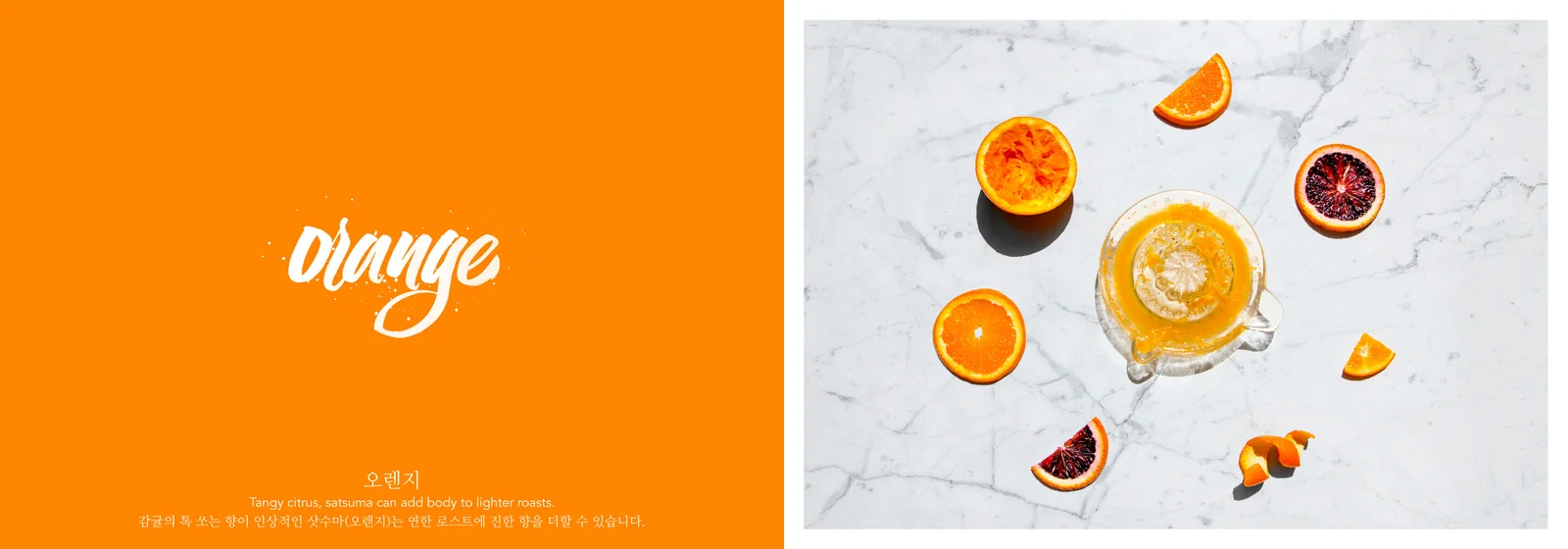 Orange book spread with white lettering and English and Korean text opposite citrus pieces and a glass juicer on pale marble.