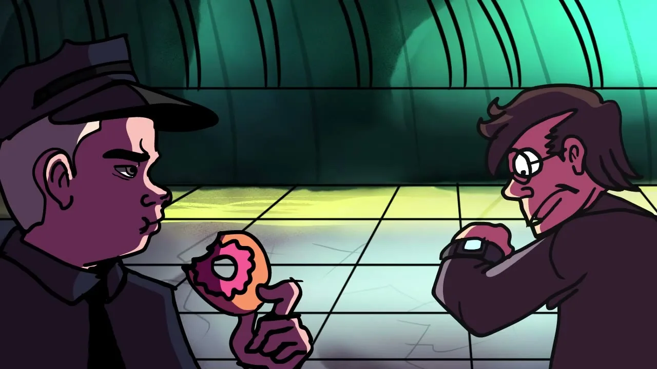 Two drawn characters face one another on a tiled subway platform beneath a curved green wall.