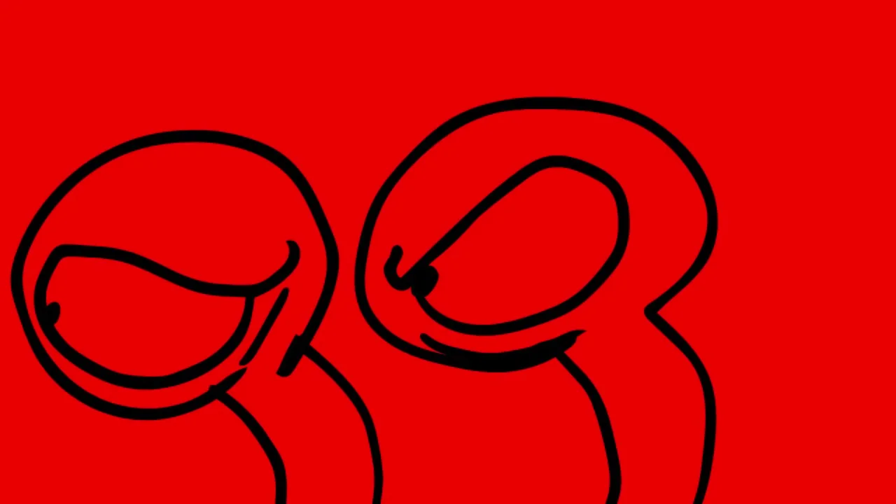 Two large outlined faces appear against a flat red background, with most interior shading removed.