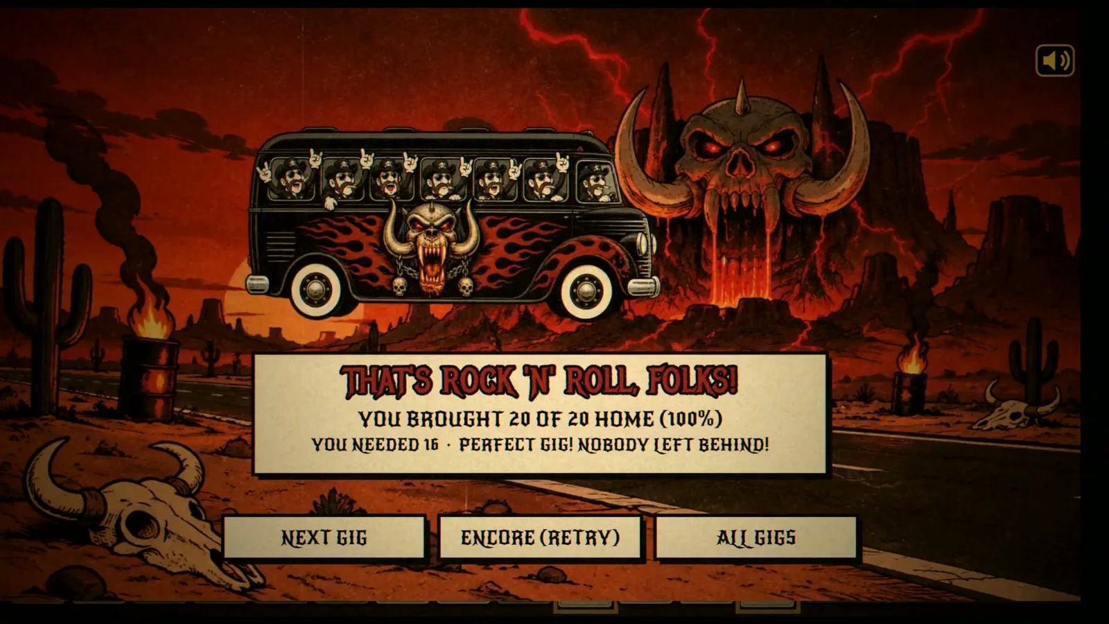 Lemmys result screen with a skull-decorated tour bus and the message that 20 of 20 band members reached home, 100 percent.