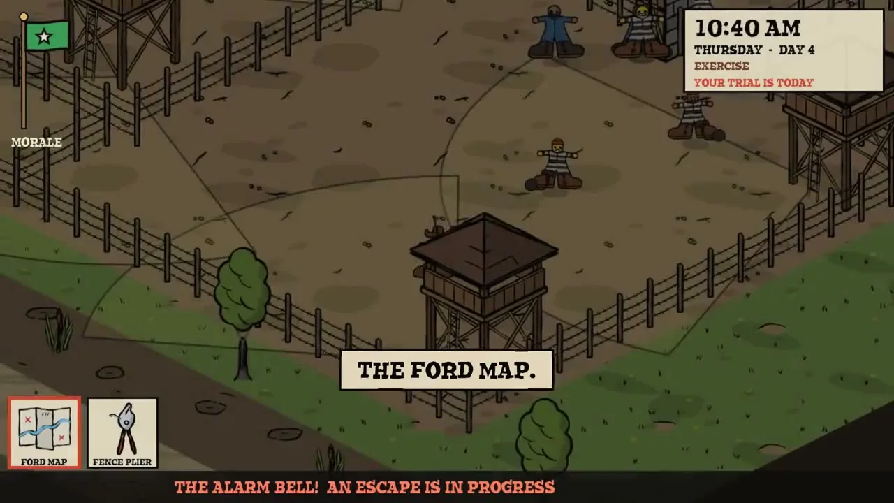 Jail yard on Thursday, Day 4, with a ford map and fence pliers in the inventory and an escape alarm across the bottom.
