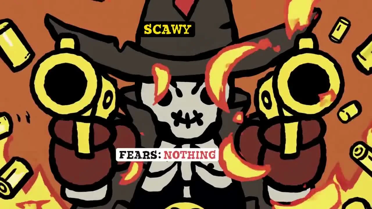 Scawy, a skull-faced Western character, holds two guns amid large yellow flashes and flying cartridge cases.