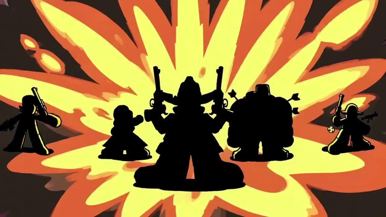 Five dark Western character silhouettes in front of yellow and orange flames beneath the words Meet the Gang.