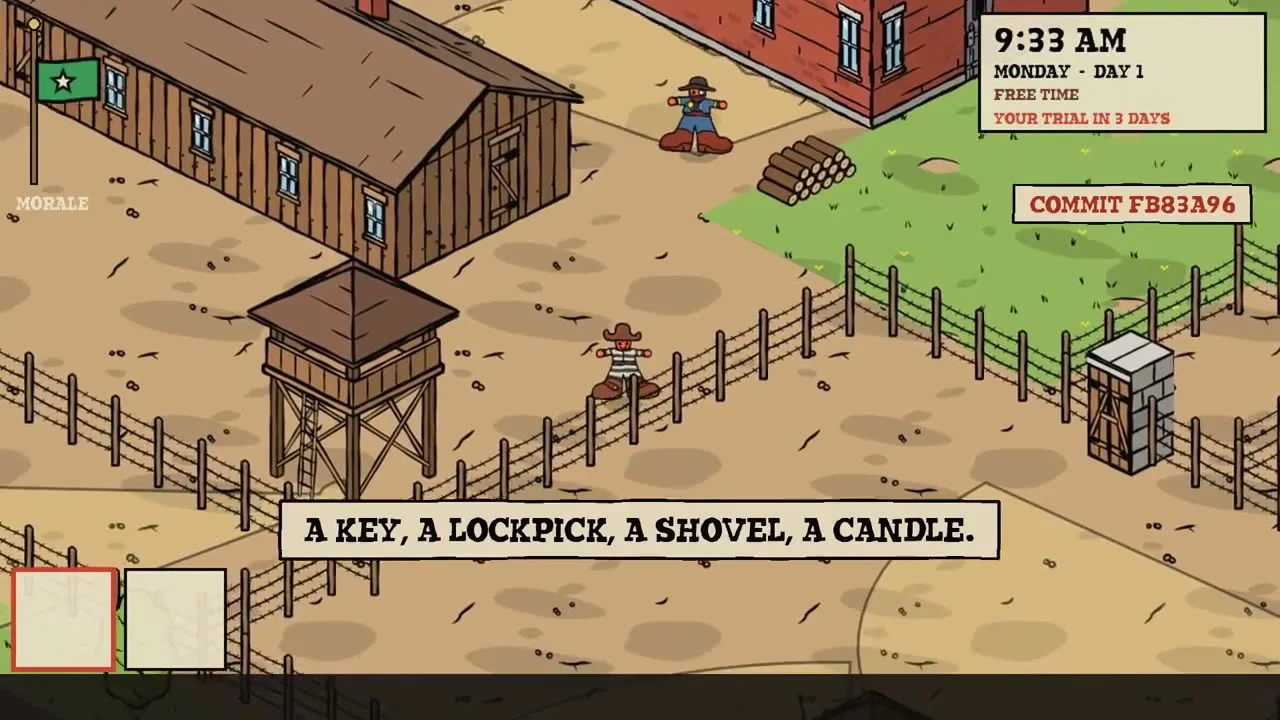 A character beside a jail fence beneath the caption A key, a lockpick, a shovel, a candle.