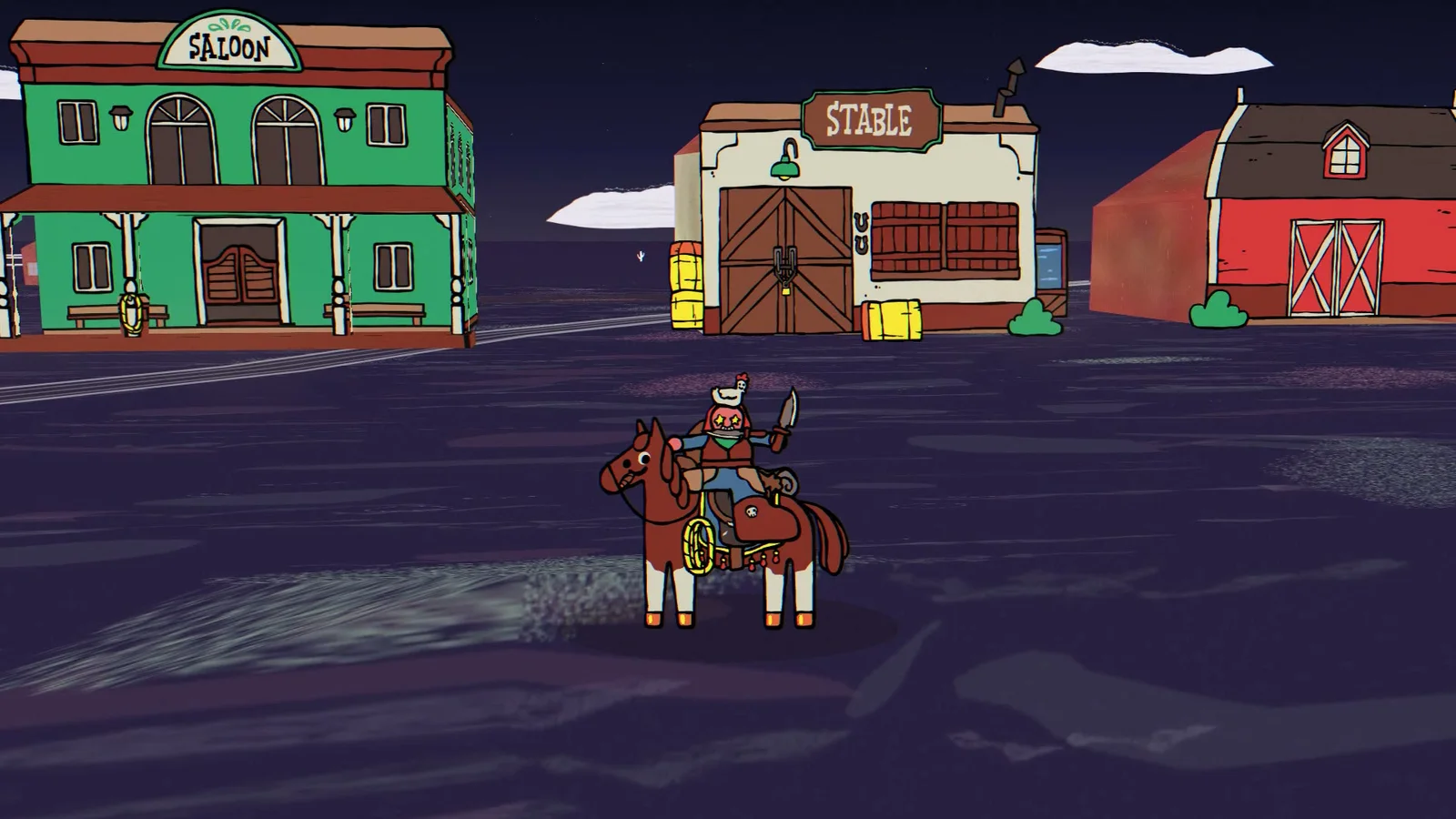 A rider on horseback faces the green saloon and other town buildings against a dark blue ground and sky.