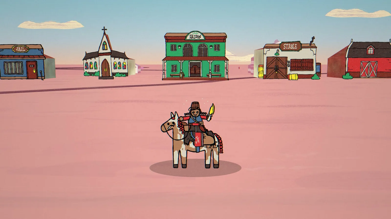 A rider faces the town's green saloon across pink ground beneath a pale blue sky.