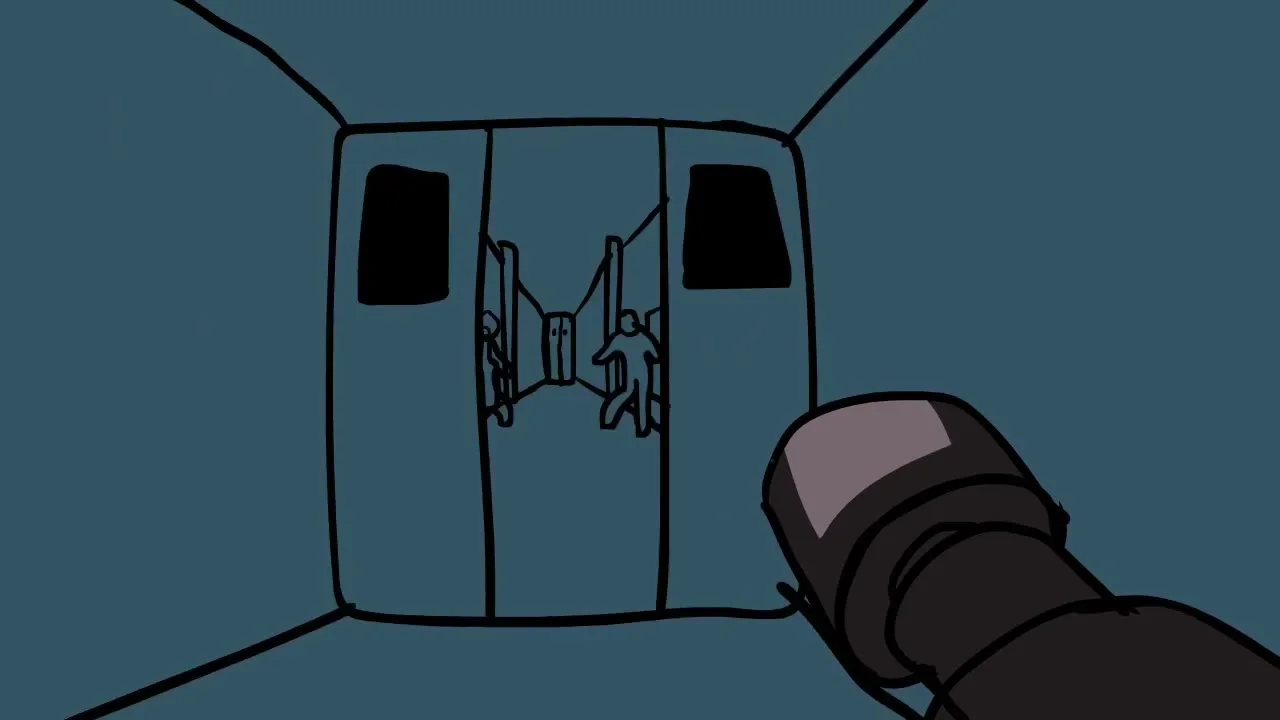 A dark cylindrical object points toward the connecting doors of a drawn subway carriage.