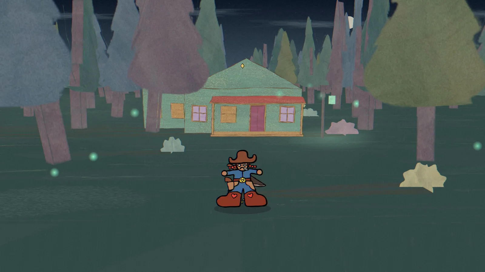The same Gunslinger and forest clearing, now with a mint-green cottage, red awning and purple door ahead of the character.