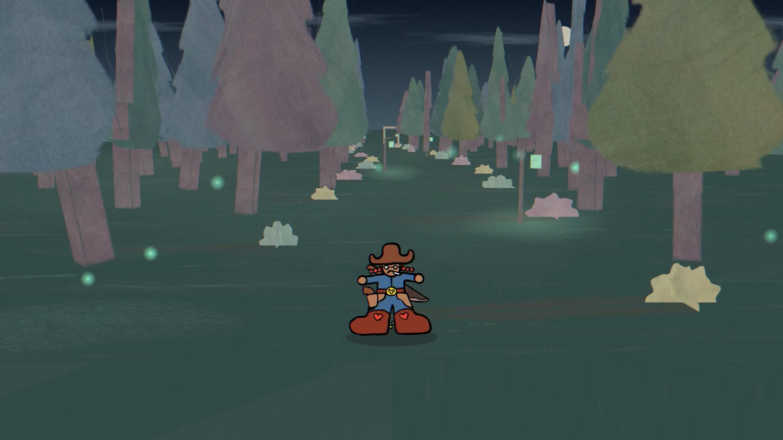 A Gunslinger stands in a forest clearing with lanterns and glowing lights; no cottage is visible ahead.